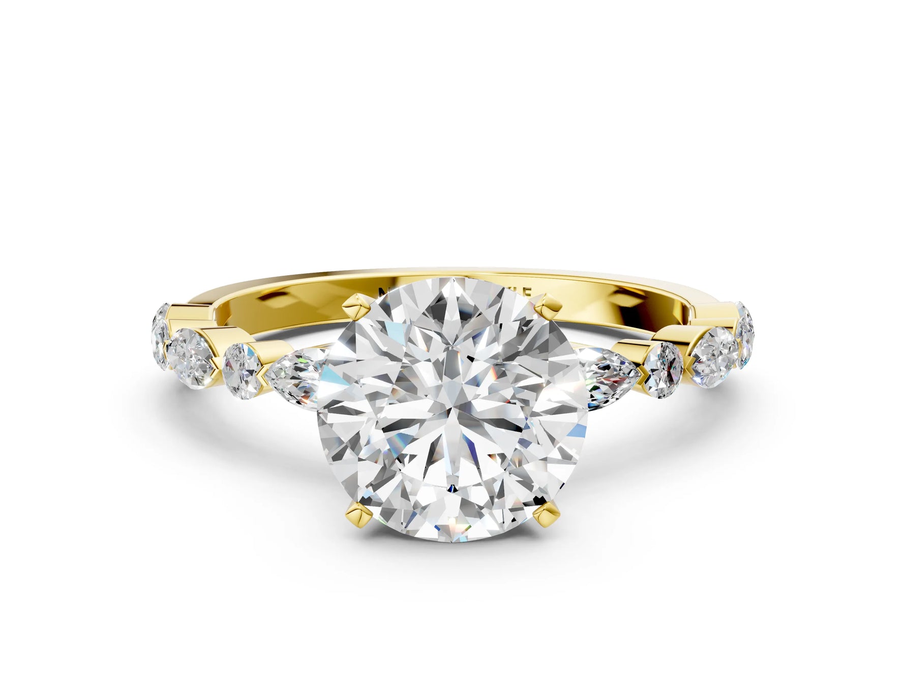 Round Cut Diamond Solitaire Ring in Yellow gold with Shared Prong Marquise and Round Side Stones_12