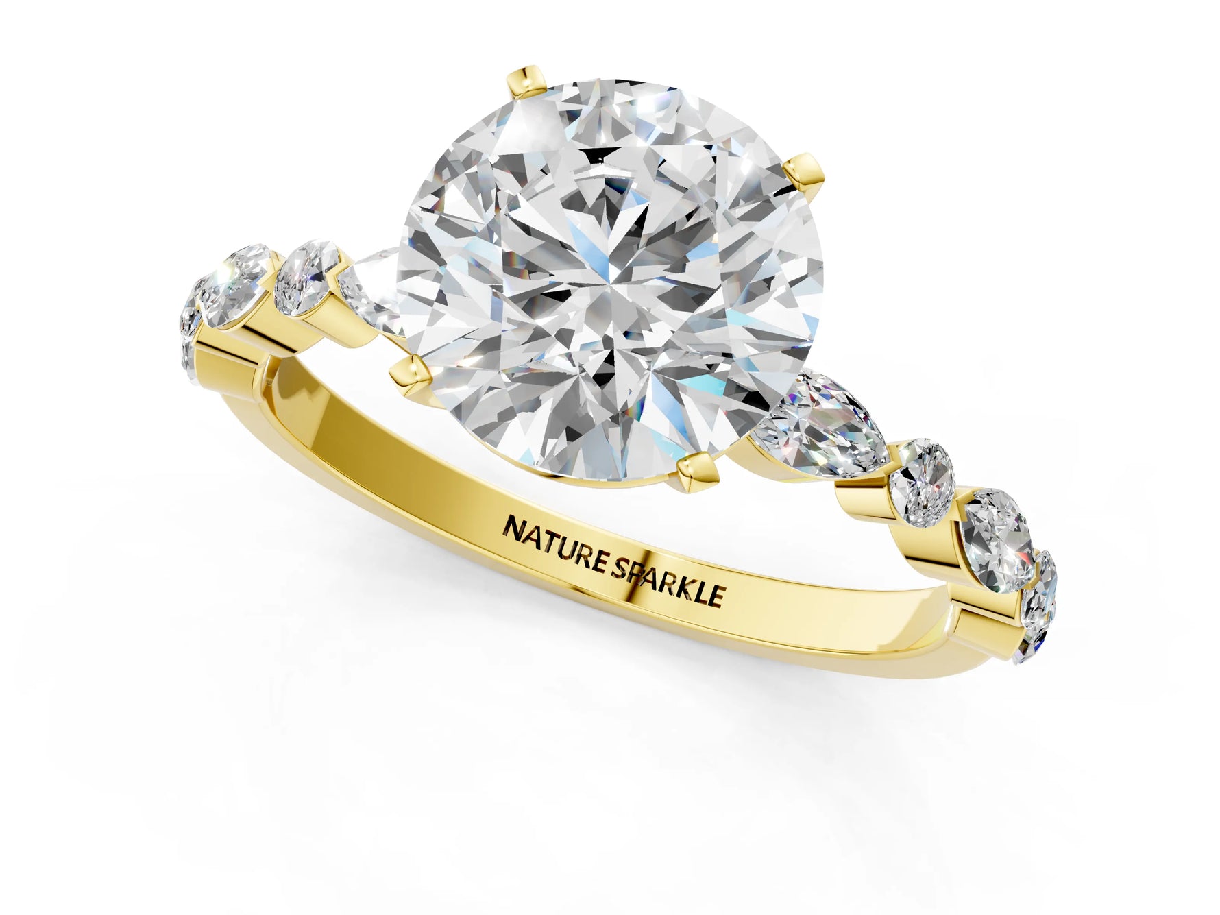 Round Cut Diamond Solitaire Ring in Yellow gold with Shared Prong Marquise and Round Side Stones_13