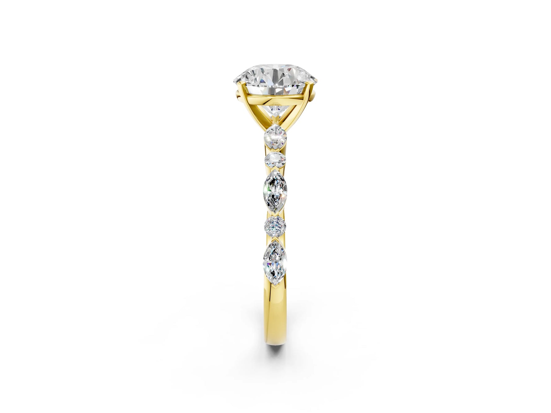 Round Cut Diamond Solitaire Ring in Yellow gold with Shared Prong Marquise and Round Side Stones_14