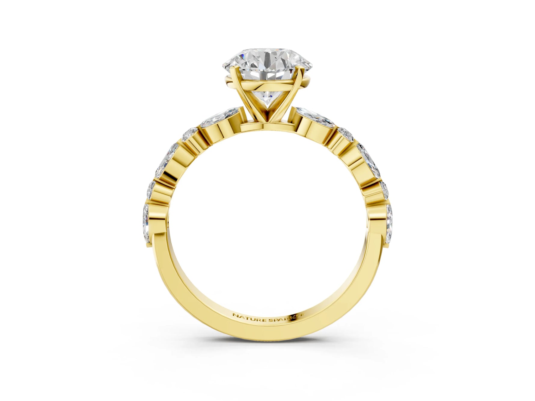 Round Cut Diamond Solitaire Ring in Yellow gold with Shared Prong Marquise and Round Side Stones_15