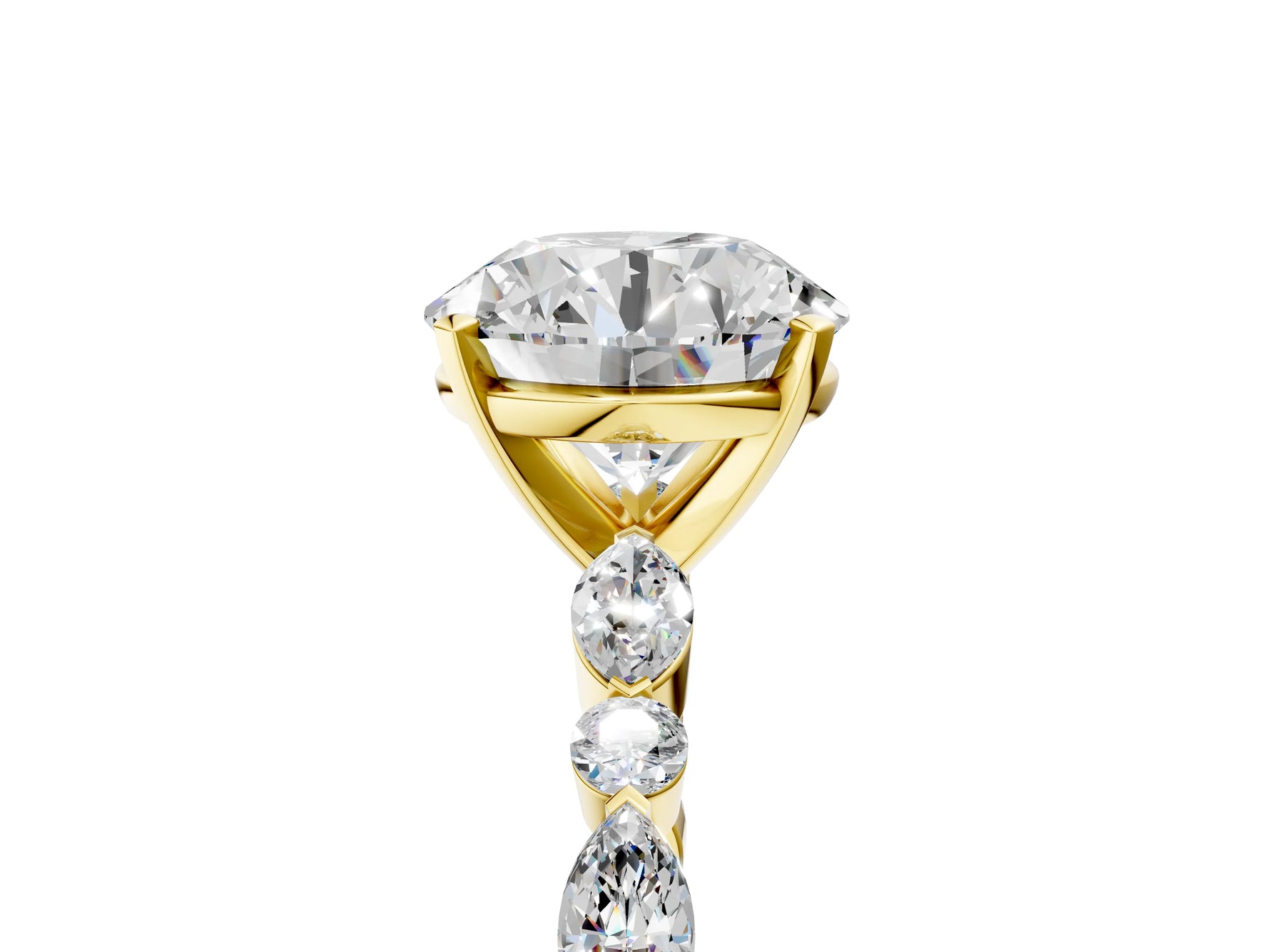 Round Cut Diamond Solitaire Ring in Yellow gold with Shared Prong Marquise and Round Side Stones_17