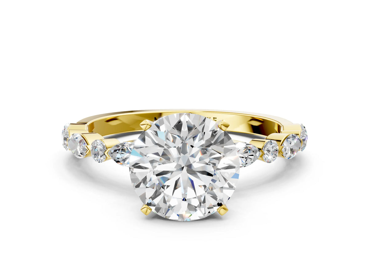 Round Cut Diamond Solitaire Ring in Yellow gold with Shared Prong Marquise and Round Side Stones_48