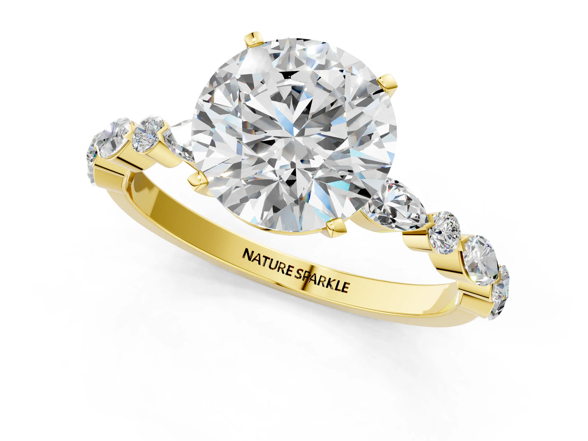 Round Cut Diamond Solitaire Ring in Yellow gold with Shared Prong Marquise and Round Side Stones_49