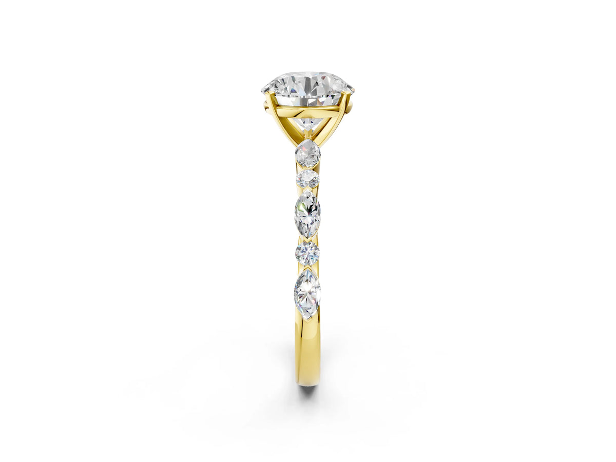 Round Cut Diamond Solitaire Ring in Yellow gold with Shared Prong Marquise and Round Side Stones_50