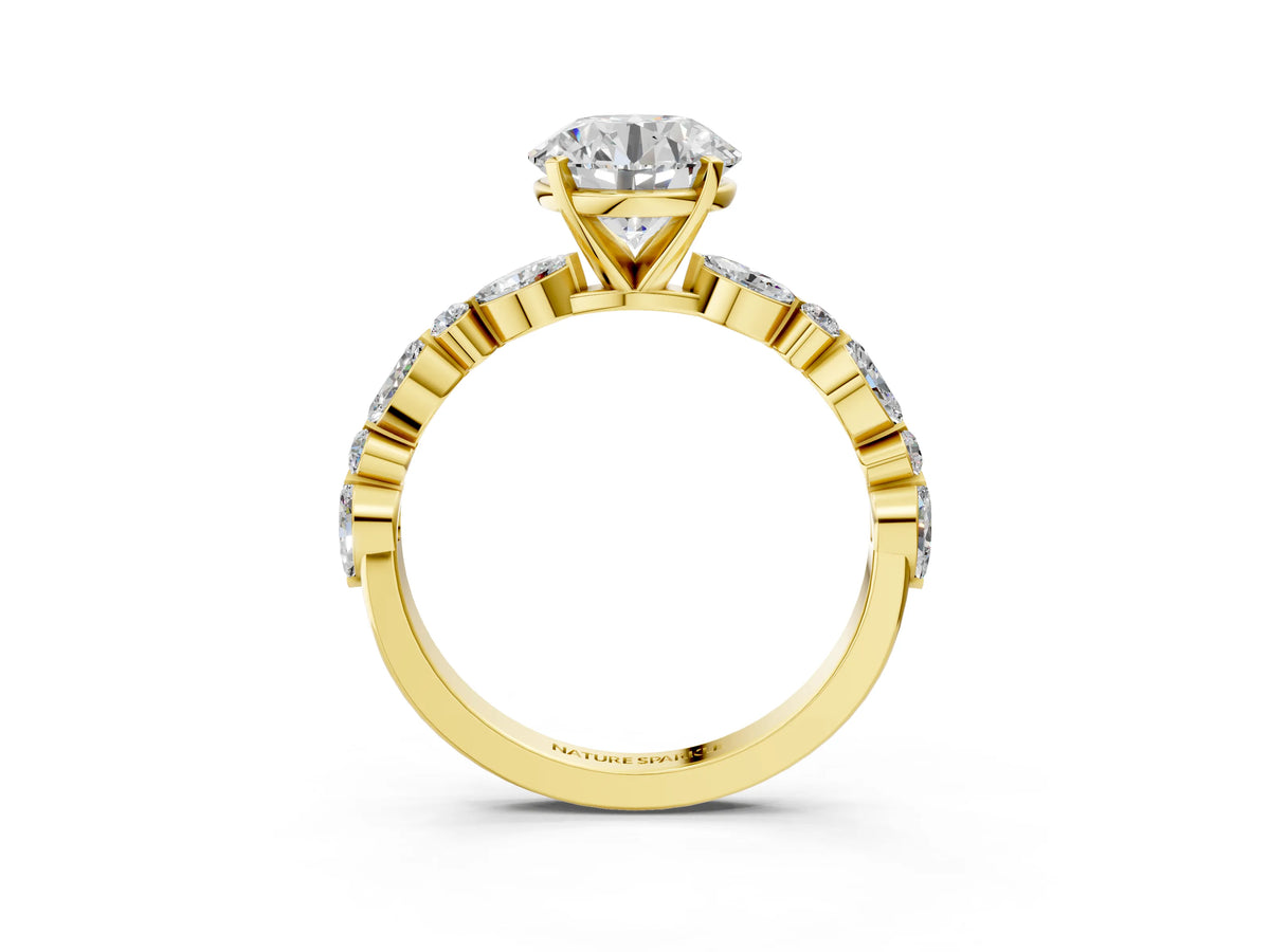 Round Cut Diamond Solitaire Ring in Yellow gold with Shared Prong Marquise and Round Side Stones_51