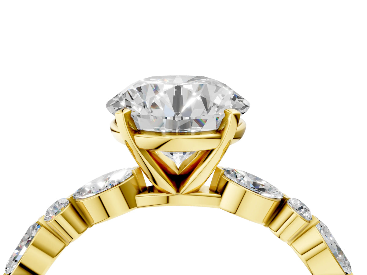 Round Cut Diamond Solitaire Ring in Yellow gold with Shared Prong Marquise and Round Side Stones_52