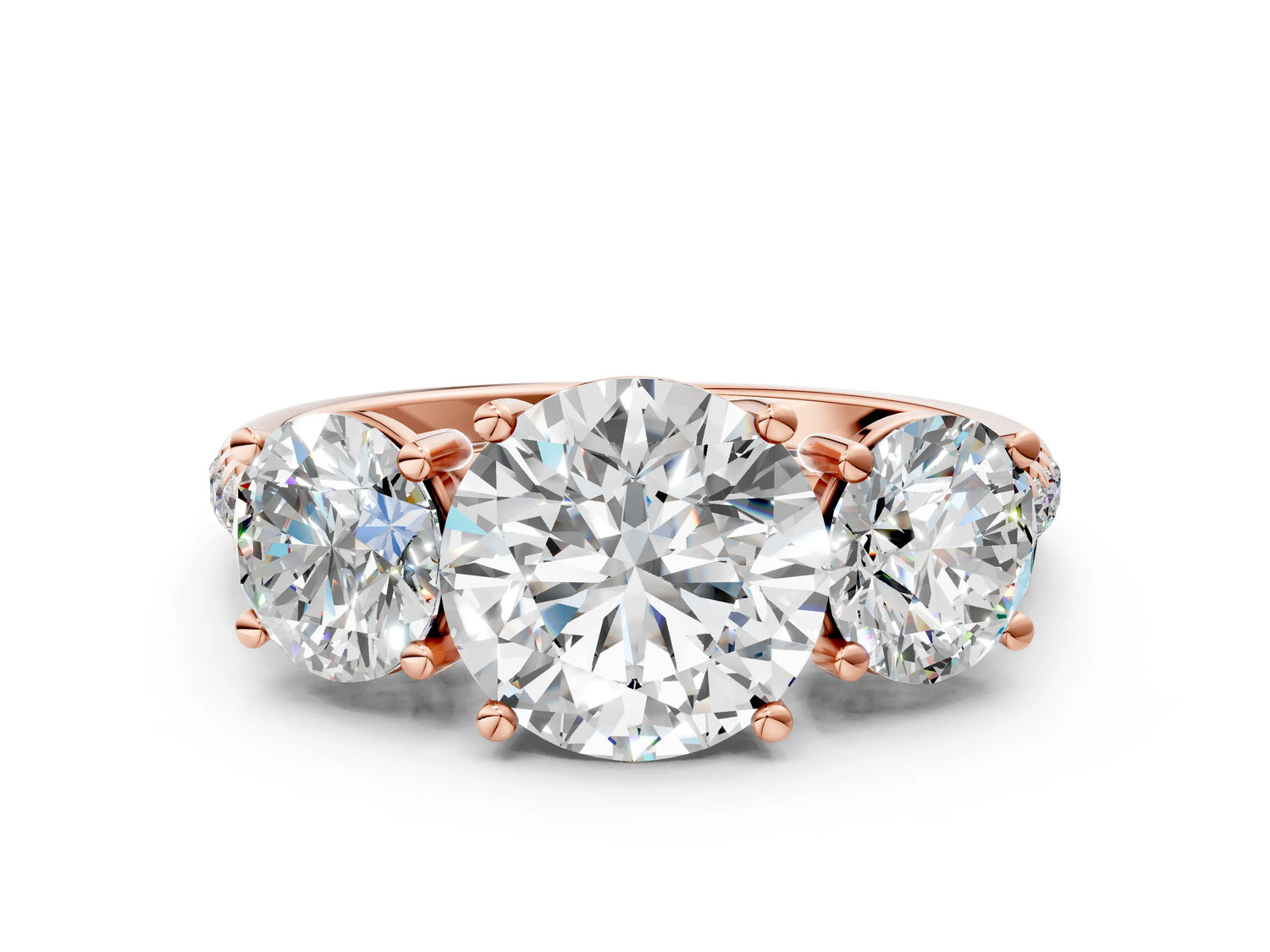 Round Cut Diamond Trellis Three-Stone Engagement Ring in Rose gold with Round Side Stones_18