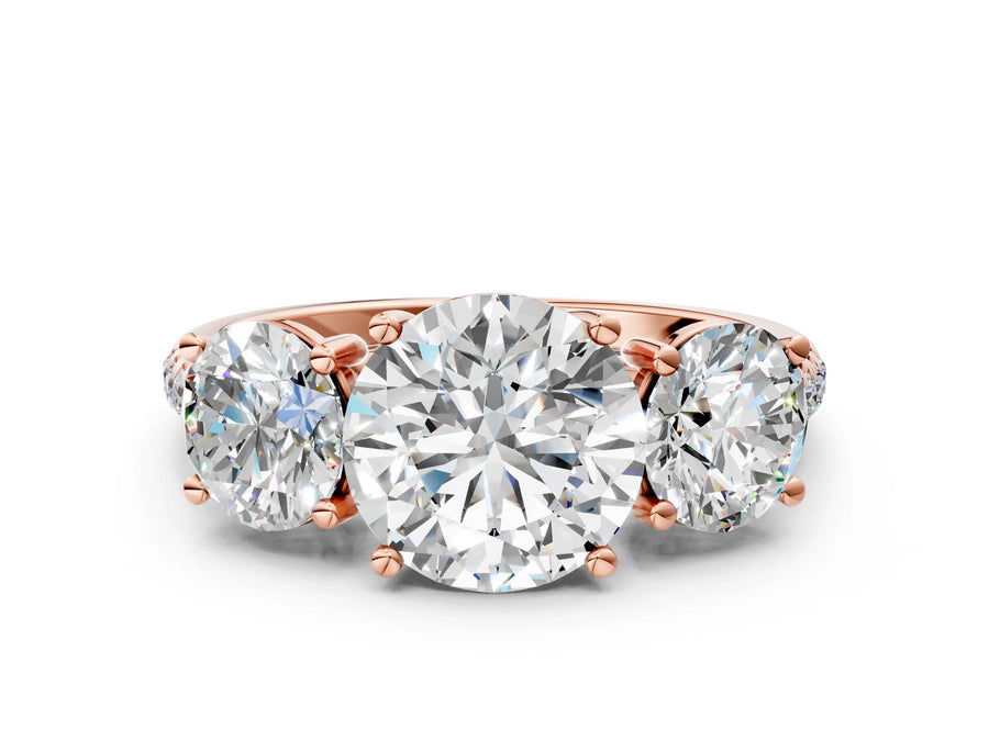 Round Cut Diamond Trellis Three-Stone Engagement Ring in Rose gold with Round Side Stones