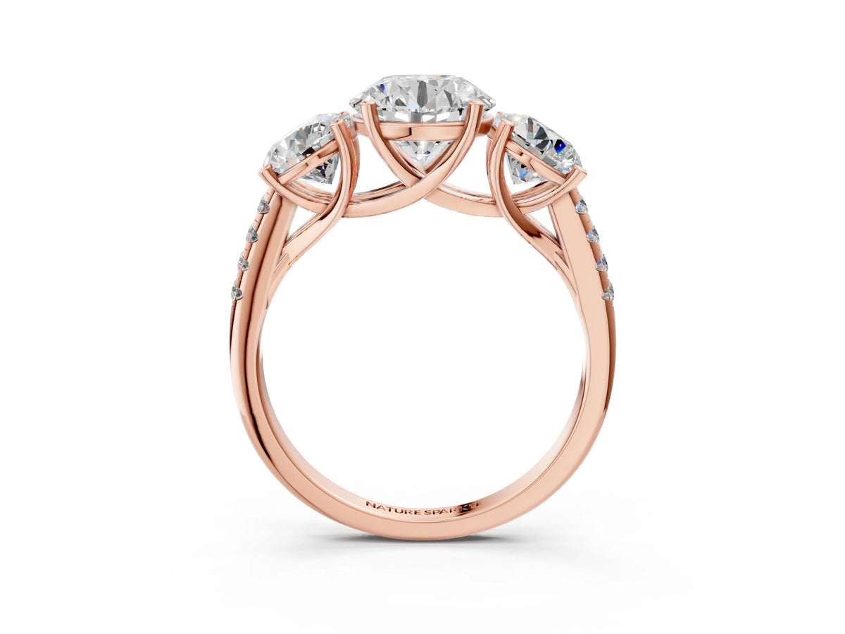 Round Cut Diamond Trellis Three-Stone Engagement Ring in Rose gold with Round Side Stones_21