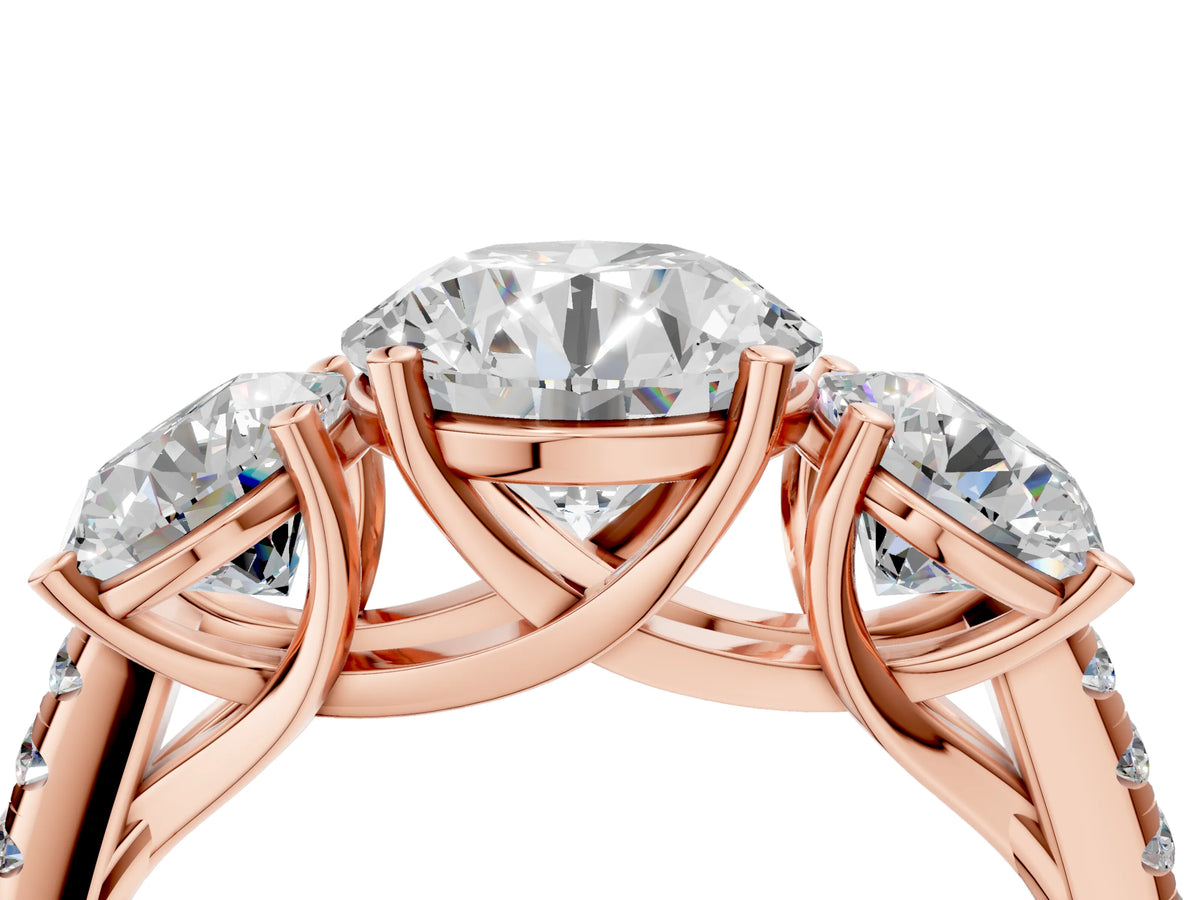Round Cut Diamond Trellis Three-Stone Engagement Ring in Rose gold with Round Side Stones_22