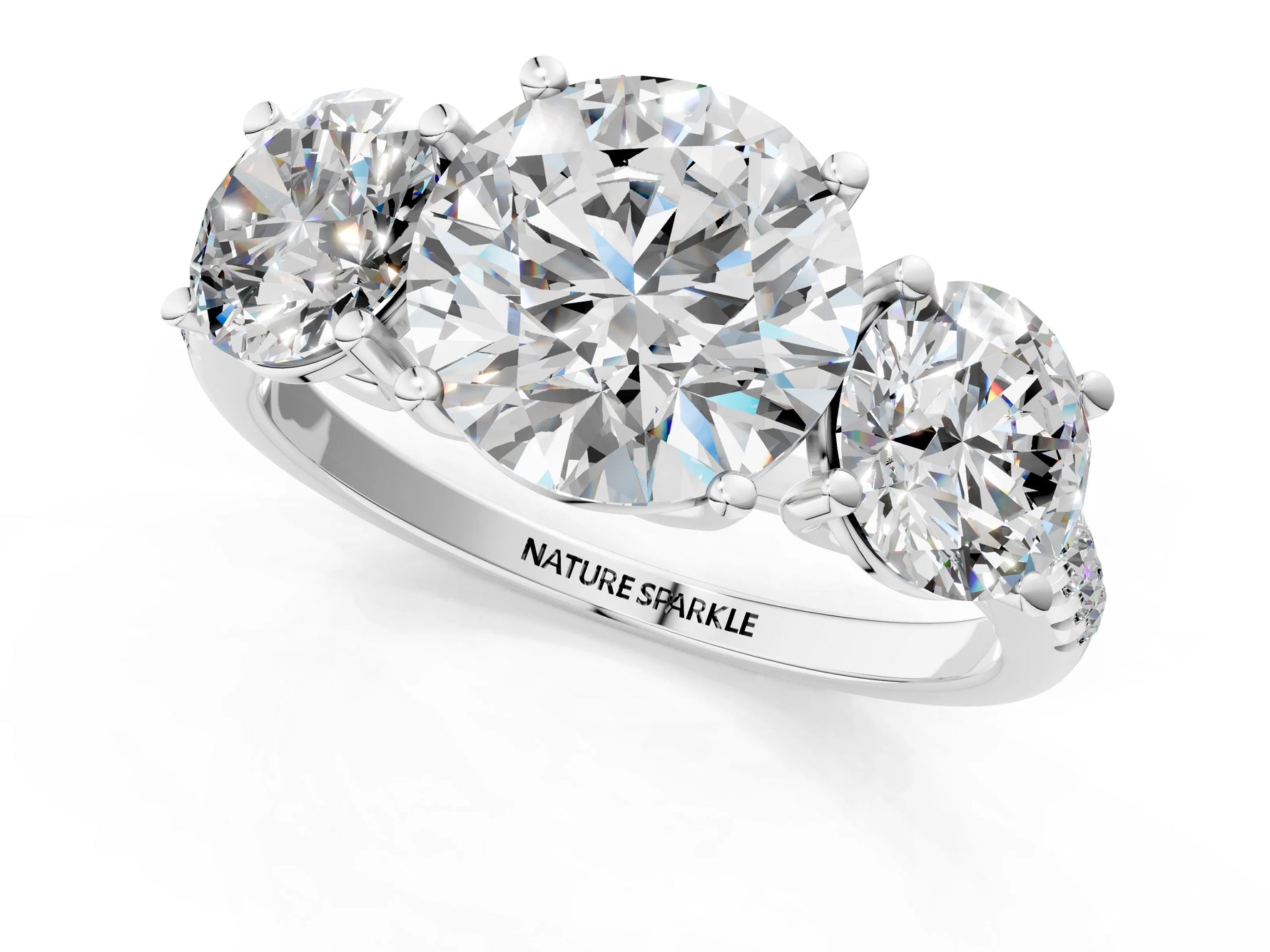 Round Cut Diamond Trellis Three-Stone Engagement Ring in White gold with Round Side Stones_19