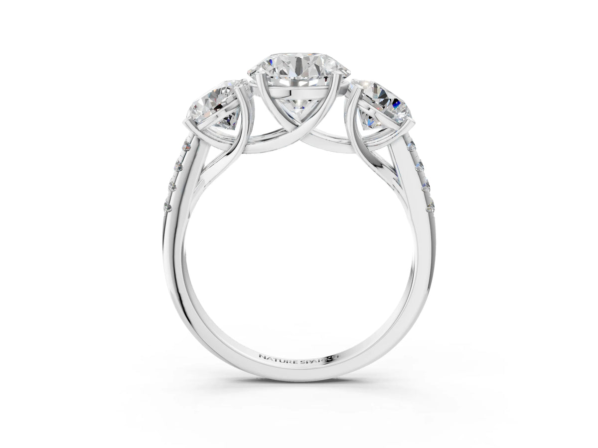 Round Cut Diamond Trellis Three-Stone Engagement Ring in White gold with Round Side Stones_21