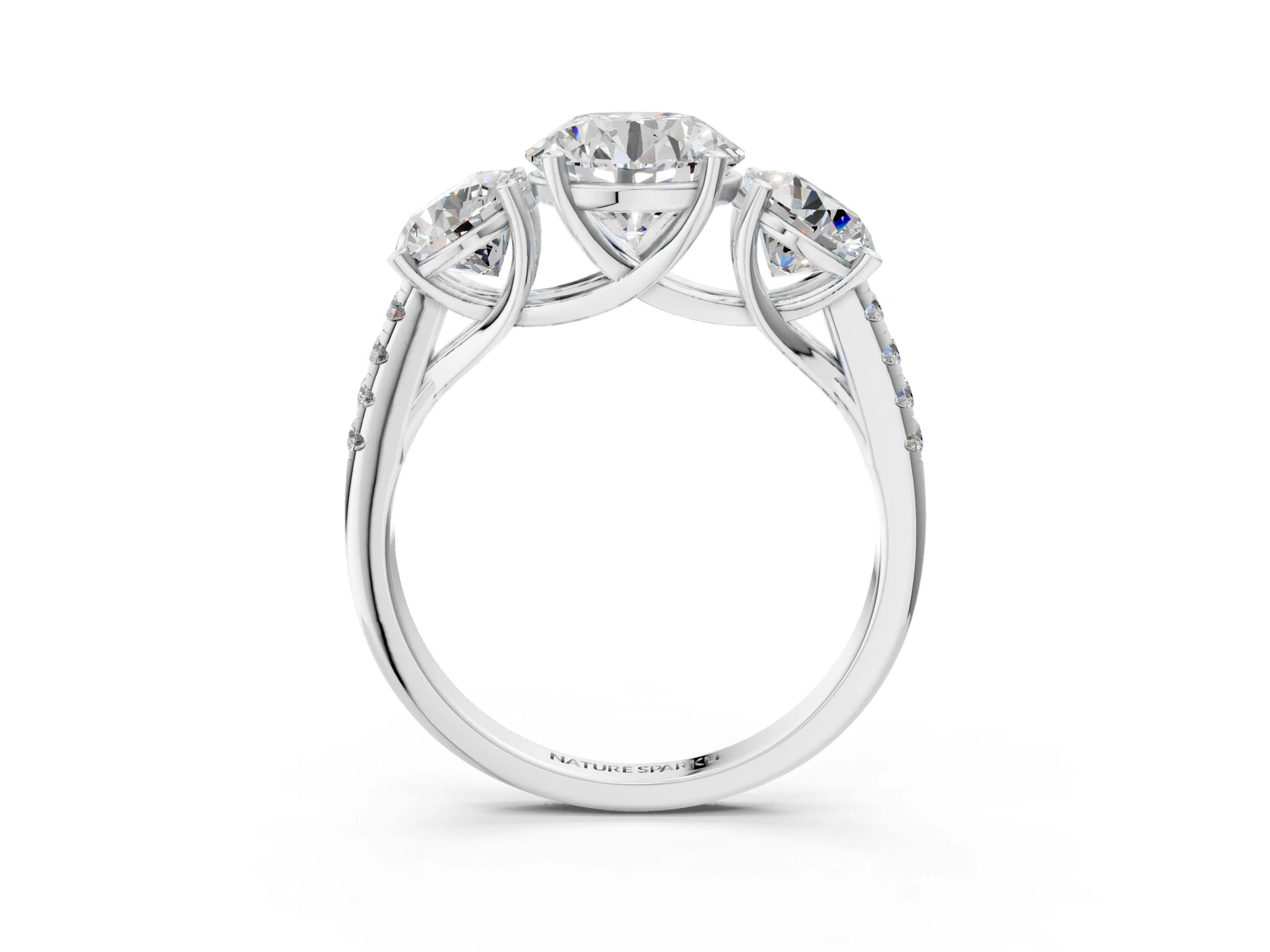 Round Cut Diamond Trellis Three-Stone Engagement Ring in White gold with Round Side Stones_21