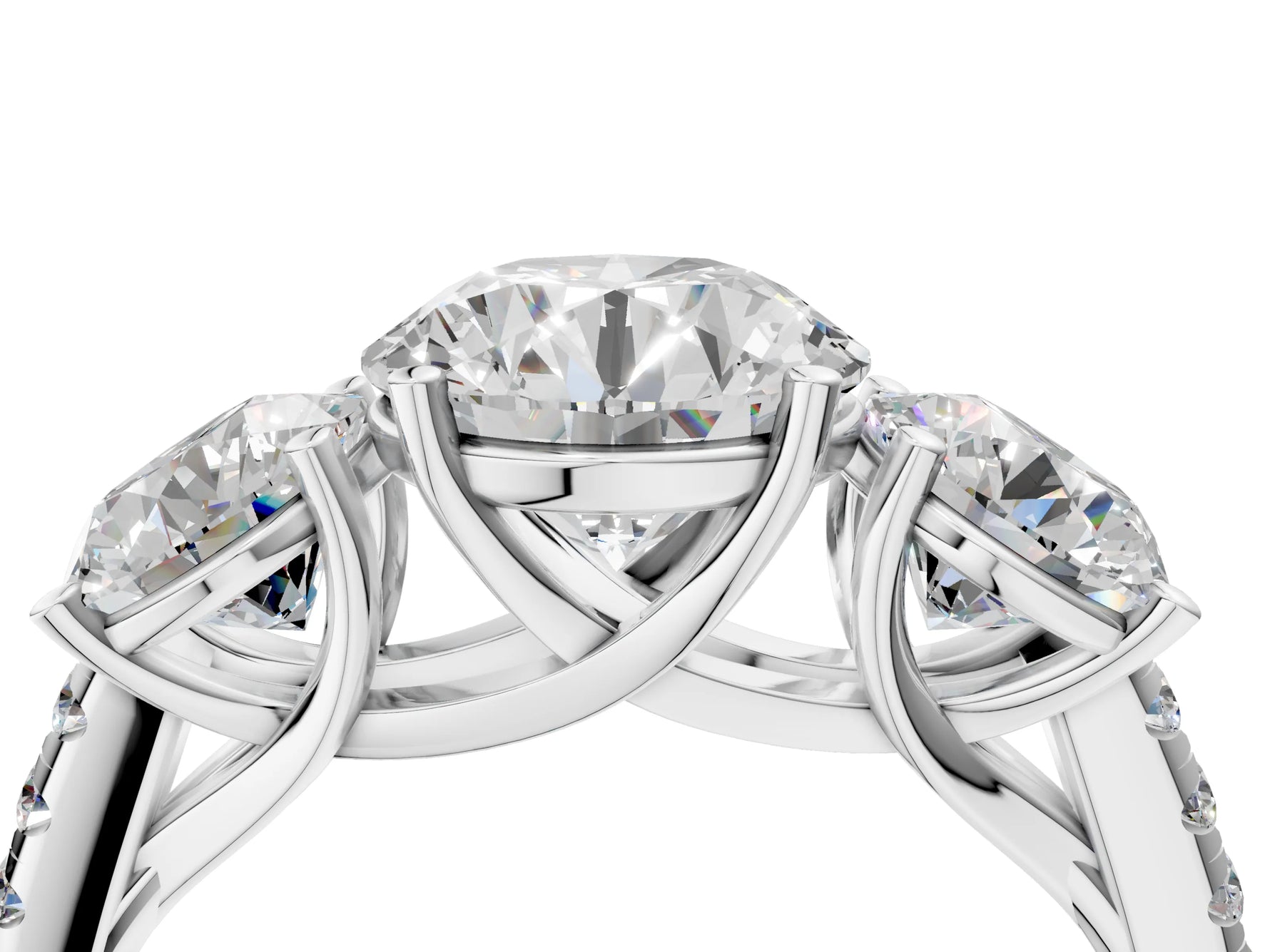 Round Cut Diamond Trellis Three-Stone Engagement Ring in White gold with Round Side Stones_22