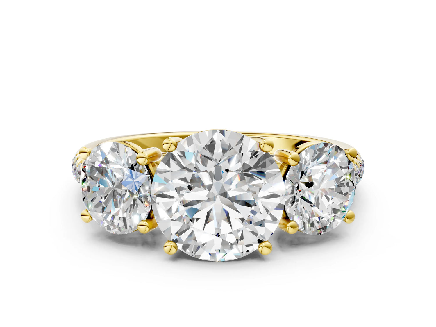 Round Cut Diamond Trellis Three-Stone Engagement Ring in Yellow gold with Round Side Stones_18