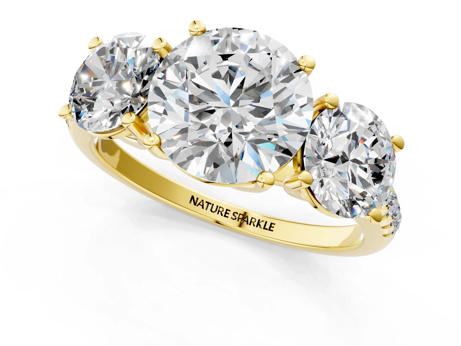 Round Cut Diamond Trellis Three-Stone Engagement Ring in Yellow gold with Round Side Stones_19