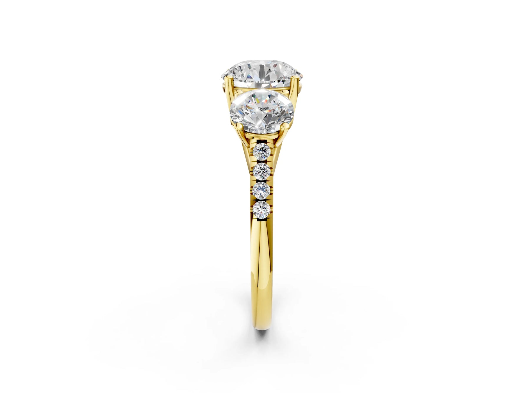 Round Cut Diamond Trellis Three-Stone Engagement Ring in Yellow gold with Round Side Stones_20