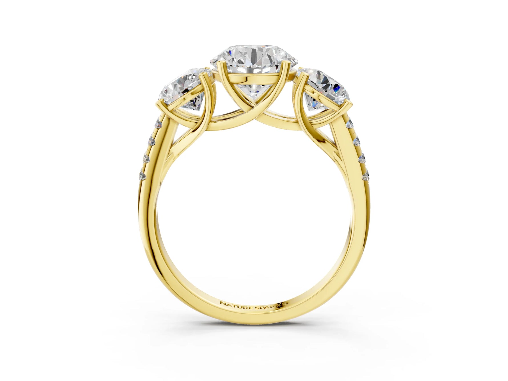 Round Cut Diamond Trellis Three-Stone Engagement Ring in Yellow gold with Round Side Stones_21