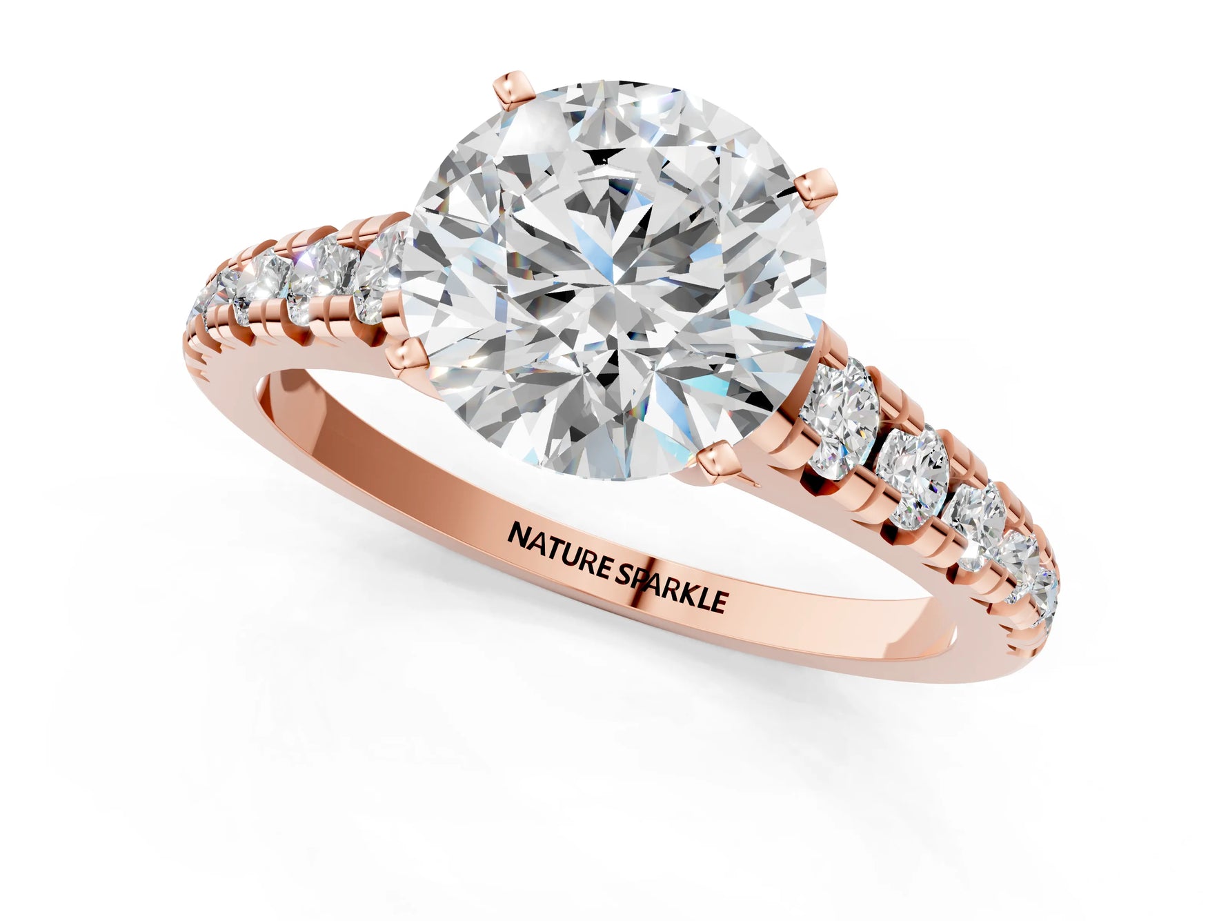 Round Cut Diamond Vintage Scroll Solitaire Ring in Rose gold with Graduated Round Side Stones_13