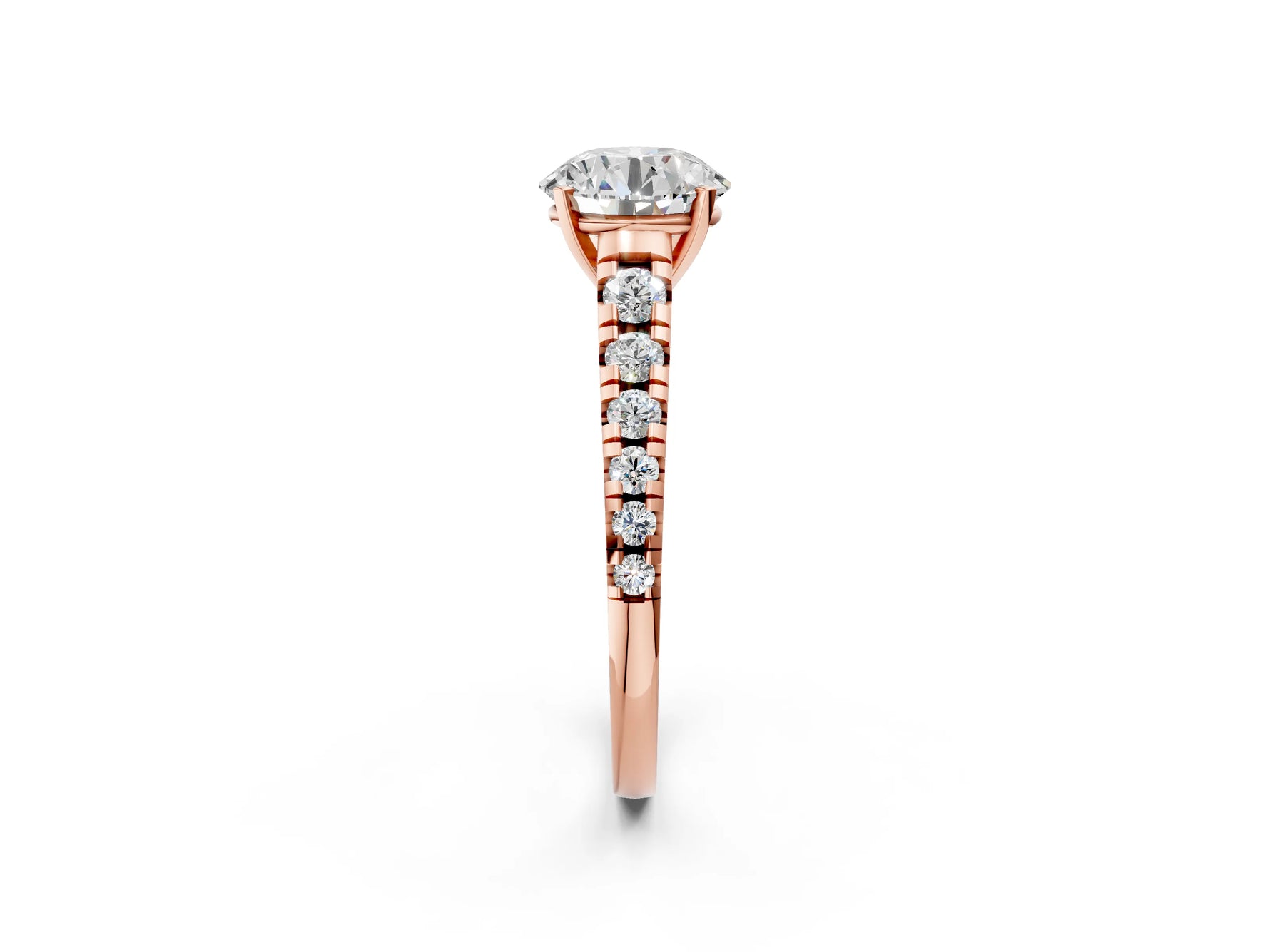 Round Cut Diamond Vintage Scroll Solitaire Ring in Rose gold with Graduated Round Side Stones_14
