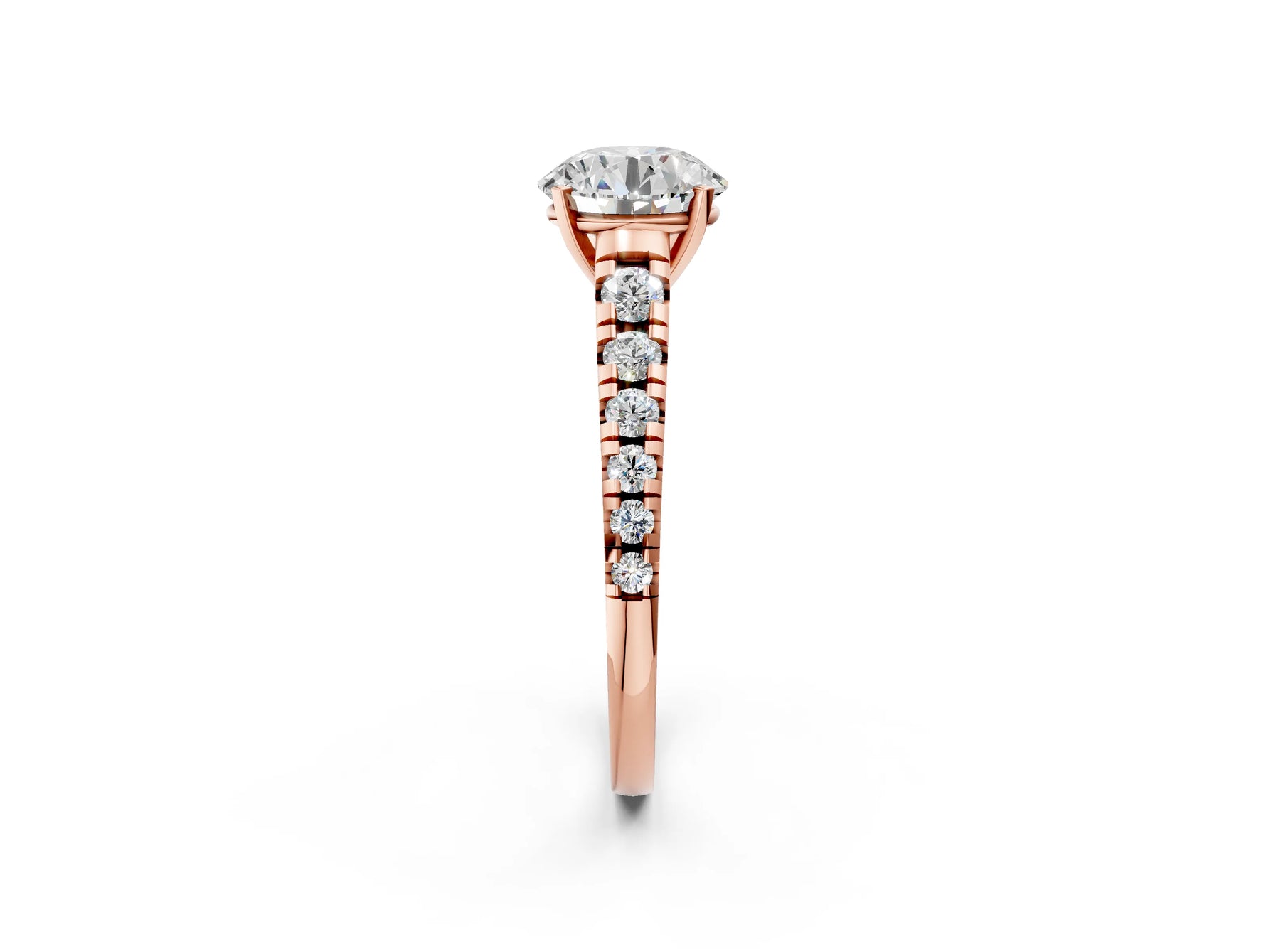 Round Cut Diamond Vintage Scroll Solitaire Ring in Rose gold with Graduated Round Side Stones_20
