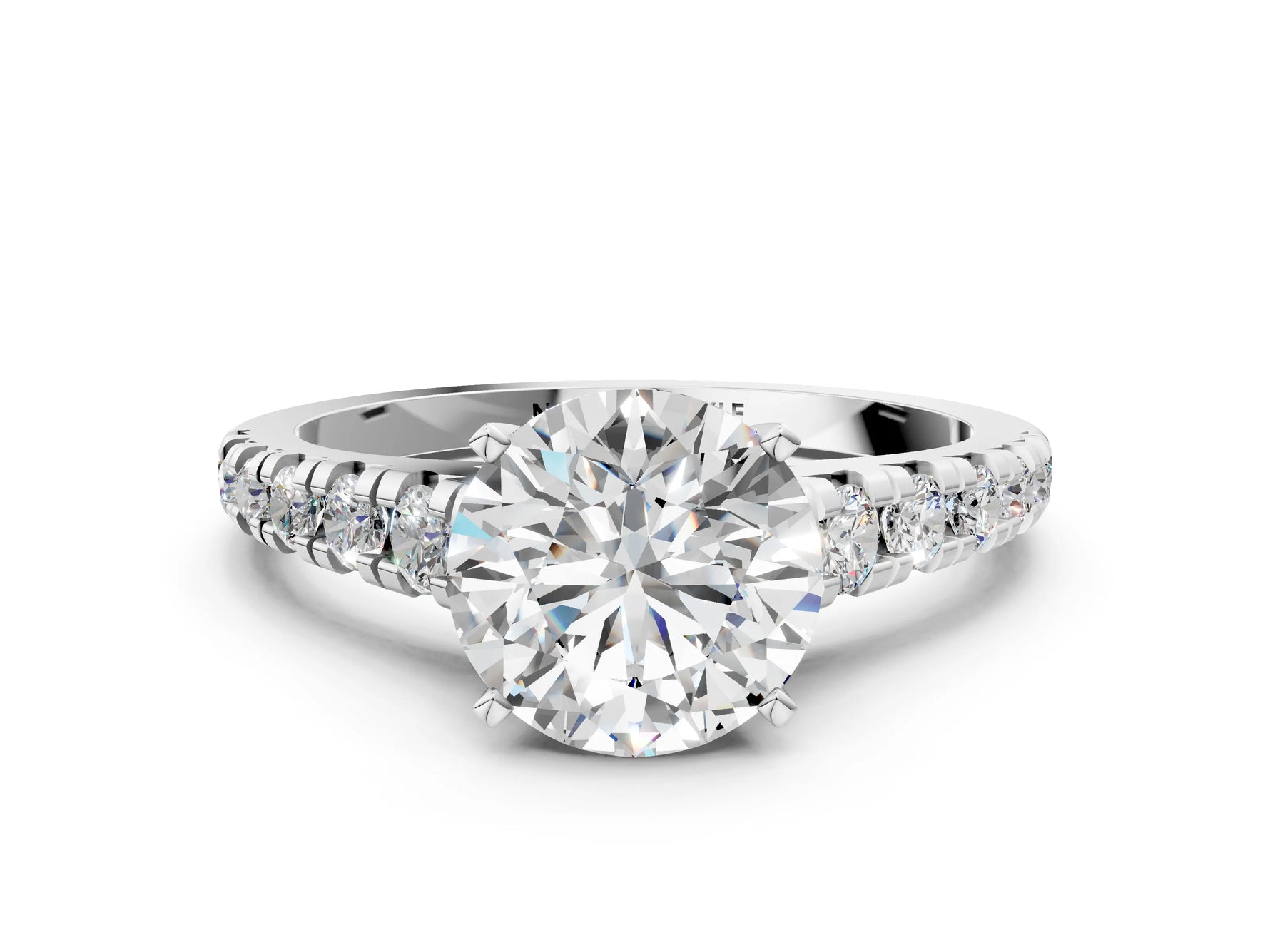 Round Cut Diamond Vintage Scroll Solitaire Ring in White gold with Graduated Round Side Stones