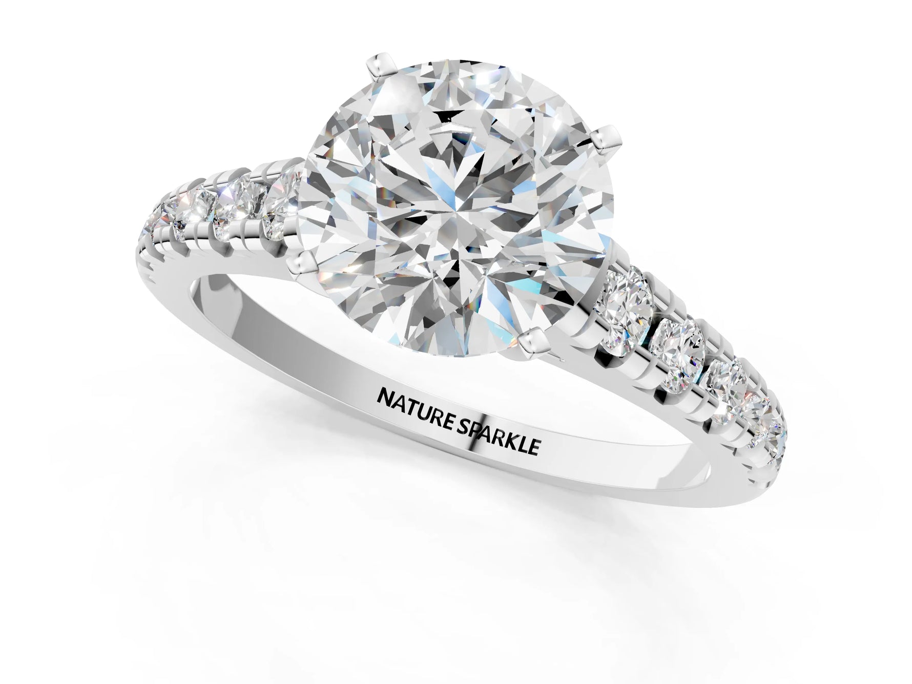 Round Cut Diamond Vintage Scroll Solitaire Ring in White gold with Graduated Round Side Stones_1