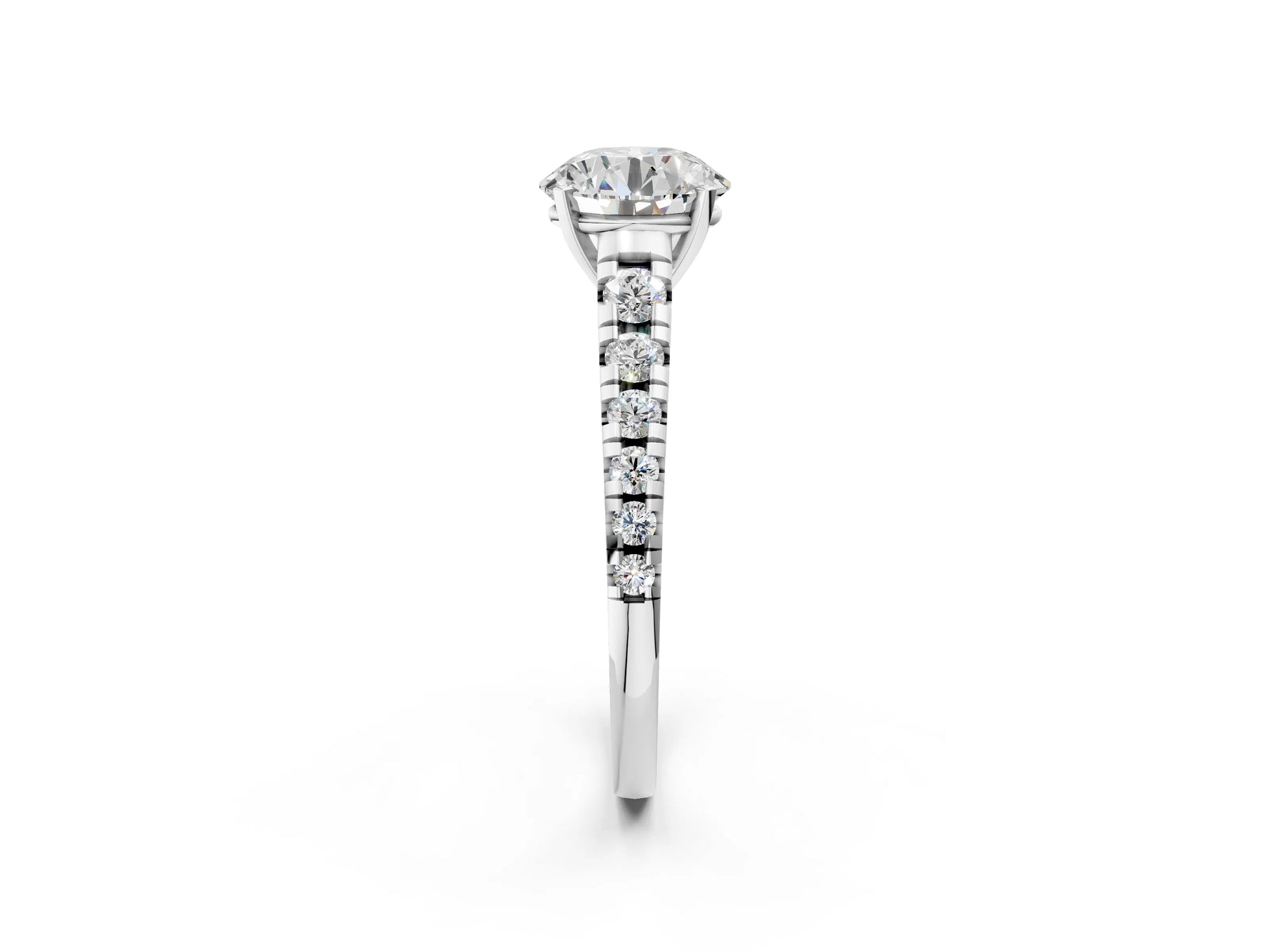 Round Cut Diamond Vintage Scroll Solitaire Ring in White gold with Graduated Round Side Stones_2