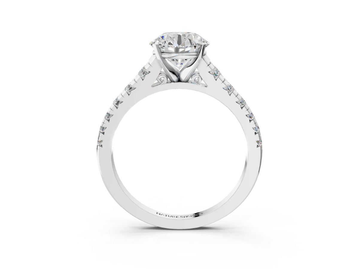 Round Cut Diamond Vintage Scroll Solitaire Ring in White gold with Graduated Round Side Stones_27