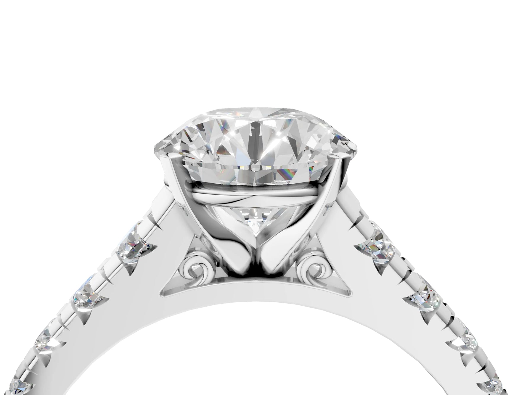 Round Cut Diamond Vintage Scroll Solitaire Ring in White gold with Graduated Round Side Stones_4