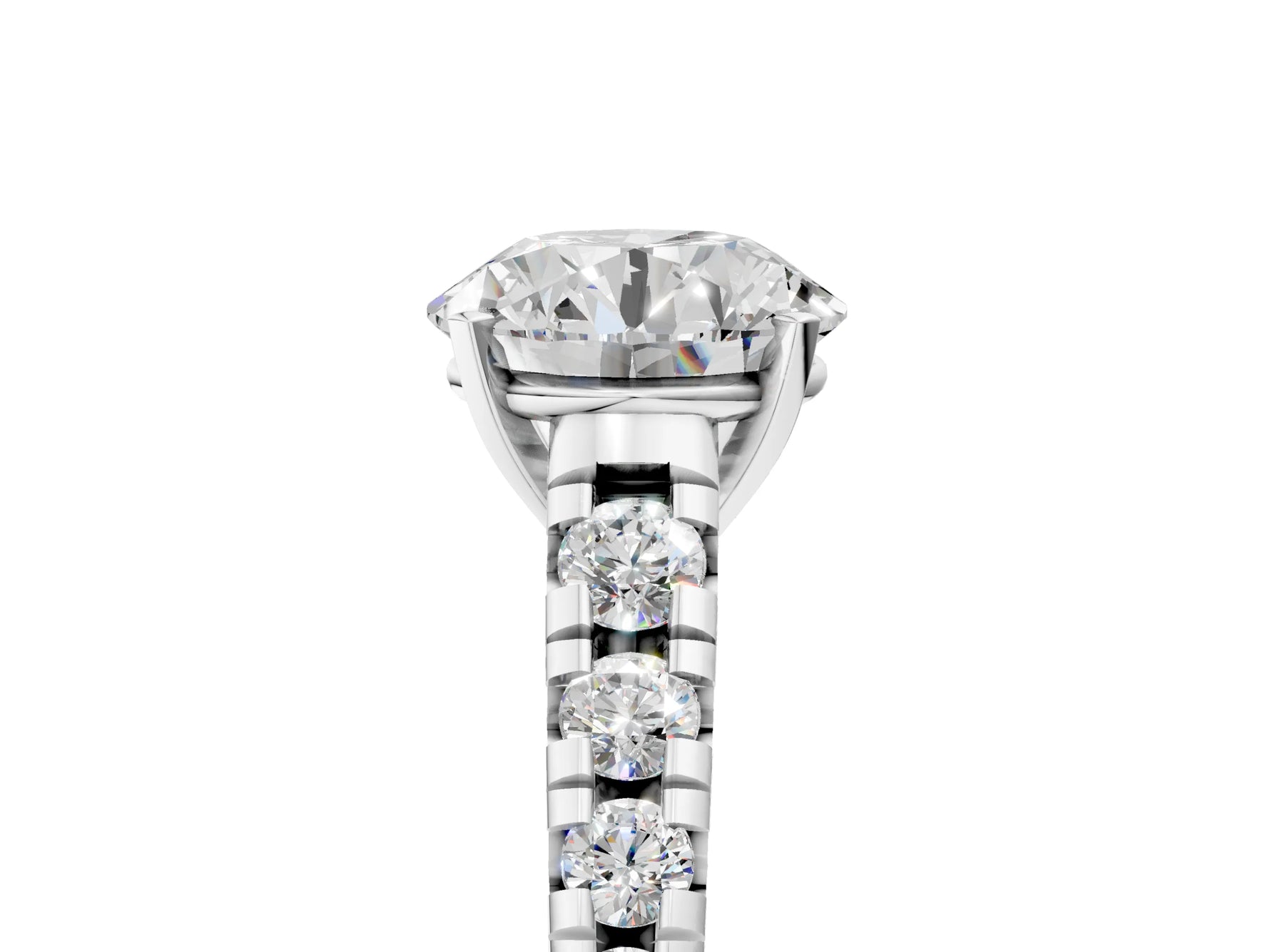 Round Cut Diamond Vintage Scroll Solitaire Ring in White gold with Graduated Round Side Stones_5