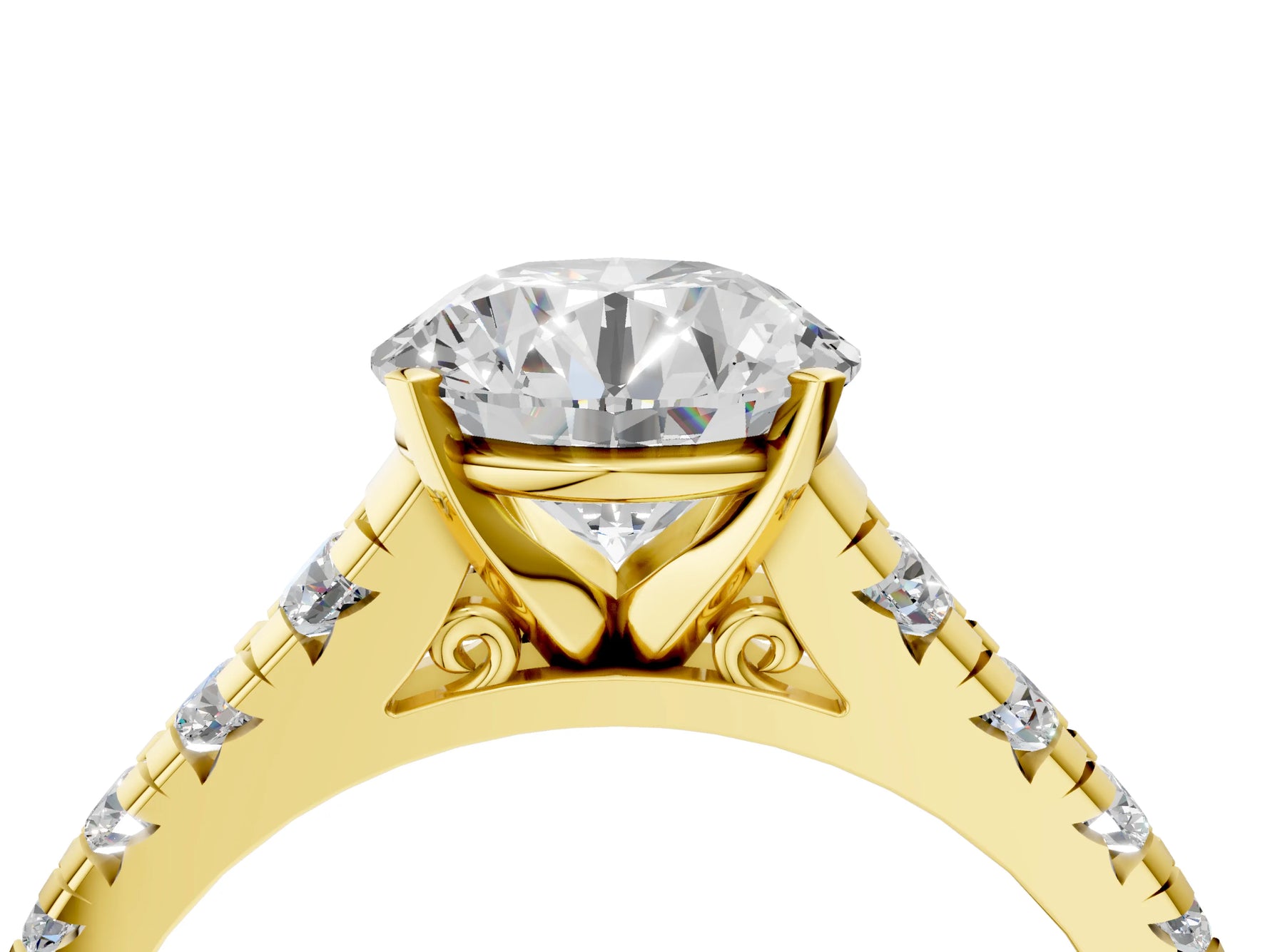 Round Cut Diamond Vintage Scroll Solitaire Ring in Yellow gold with Graduated Round Side Stones_10