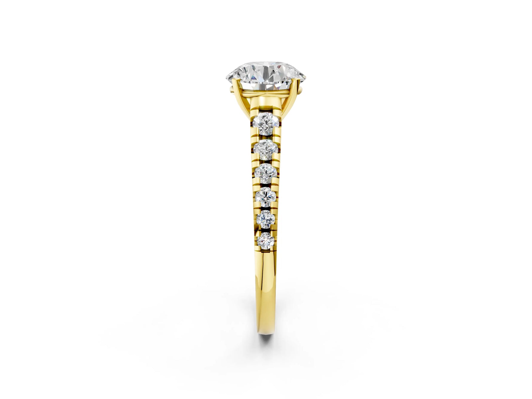 Round Cut Diamond Vintage Scroll Solitaire Ring in Yellow gold with Graduated Round Side Stones_2