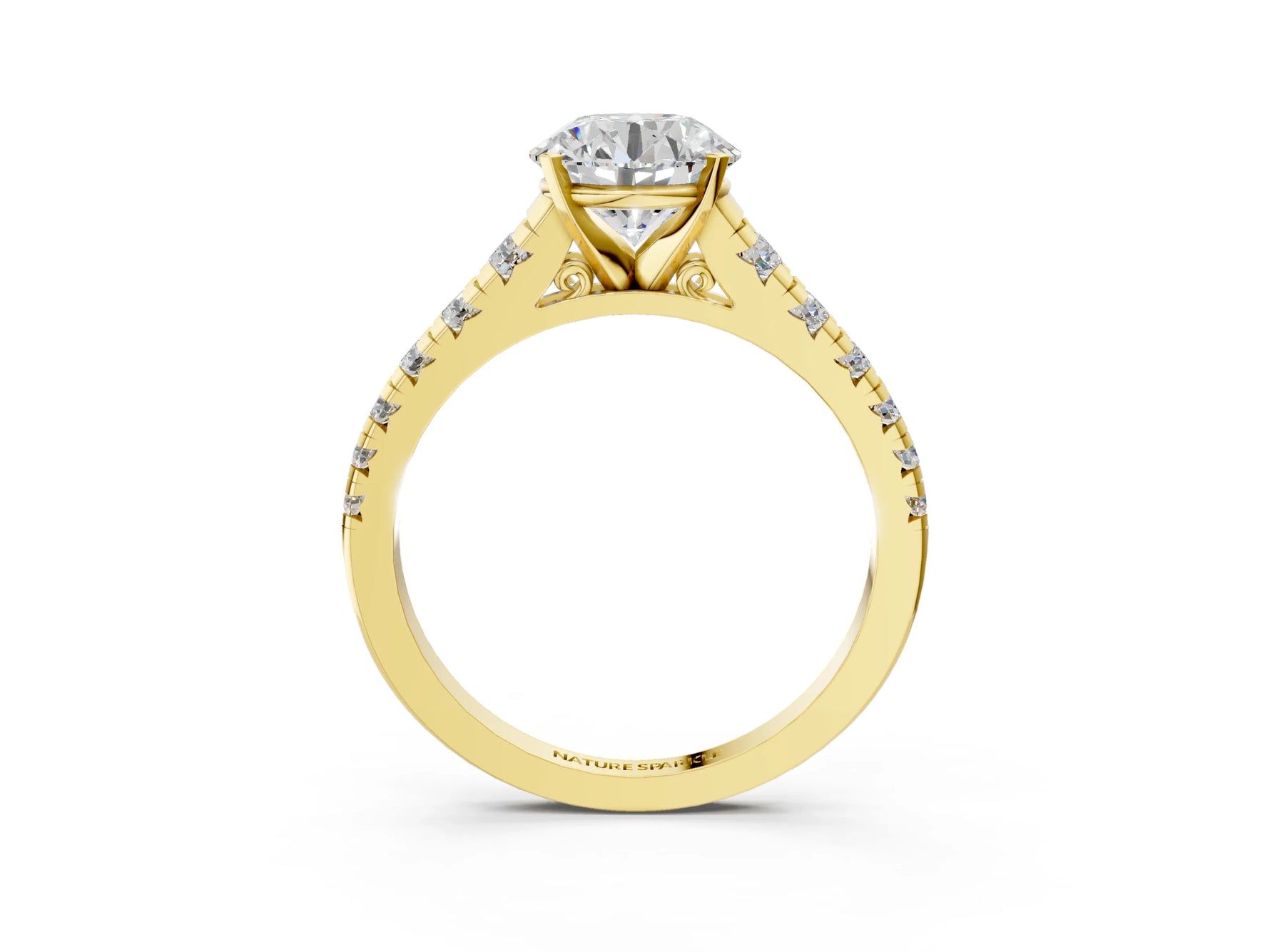 Round Cut Diamond Vintage Scroll Solitaire Ring in Yellow gold with Graduated Round Side Stones_3