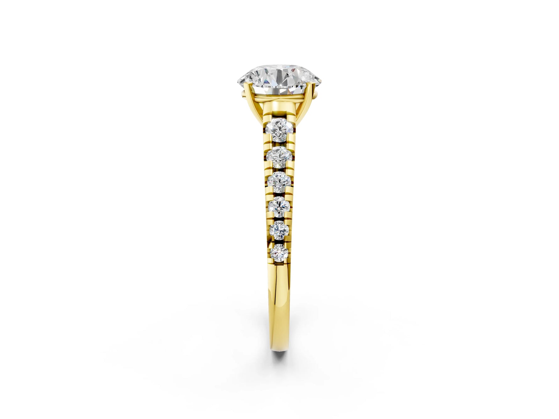 Round Cut Diamond Vintage Scroll Solitaire Ring in Yellow gold with Graduated Round Side Stones_8