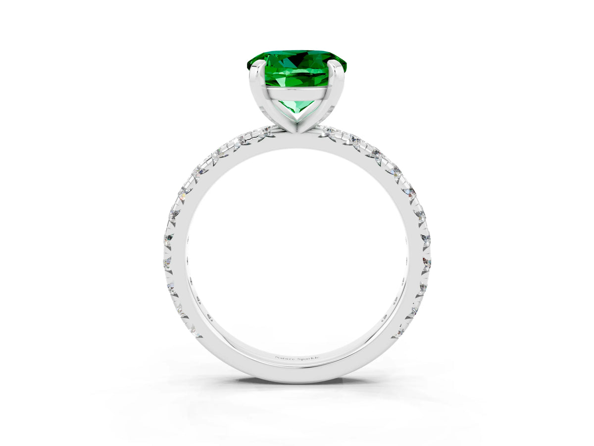 Round Cut Emerald Pavé Solitaire Ring in Platinum with Round Pavé Band and Prong Setting_3