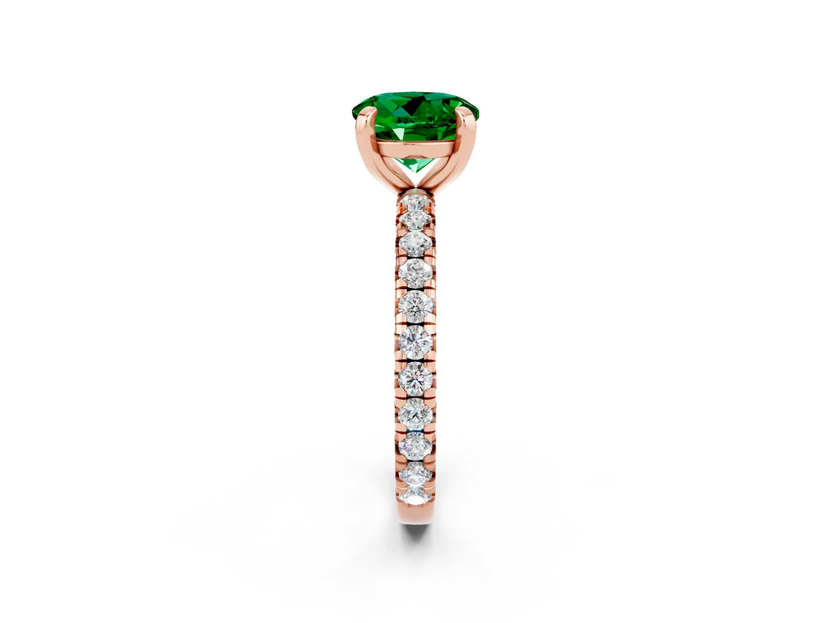 Round Cut Emerald Pavé Solitaire Ring in Rose gold with Round Pavé Band and Prong Setting_2
