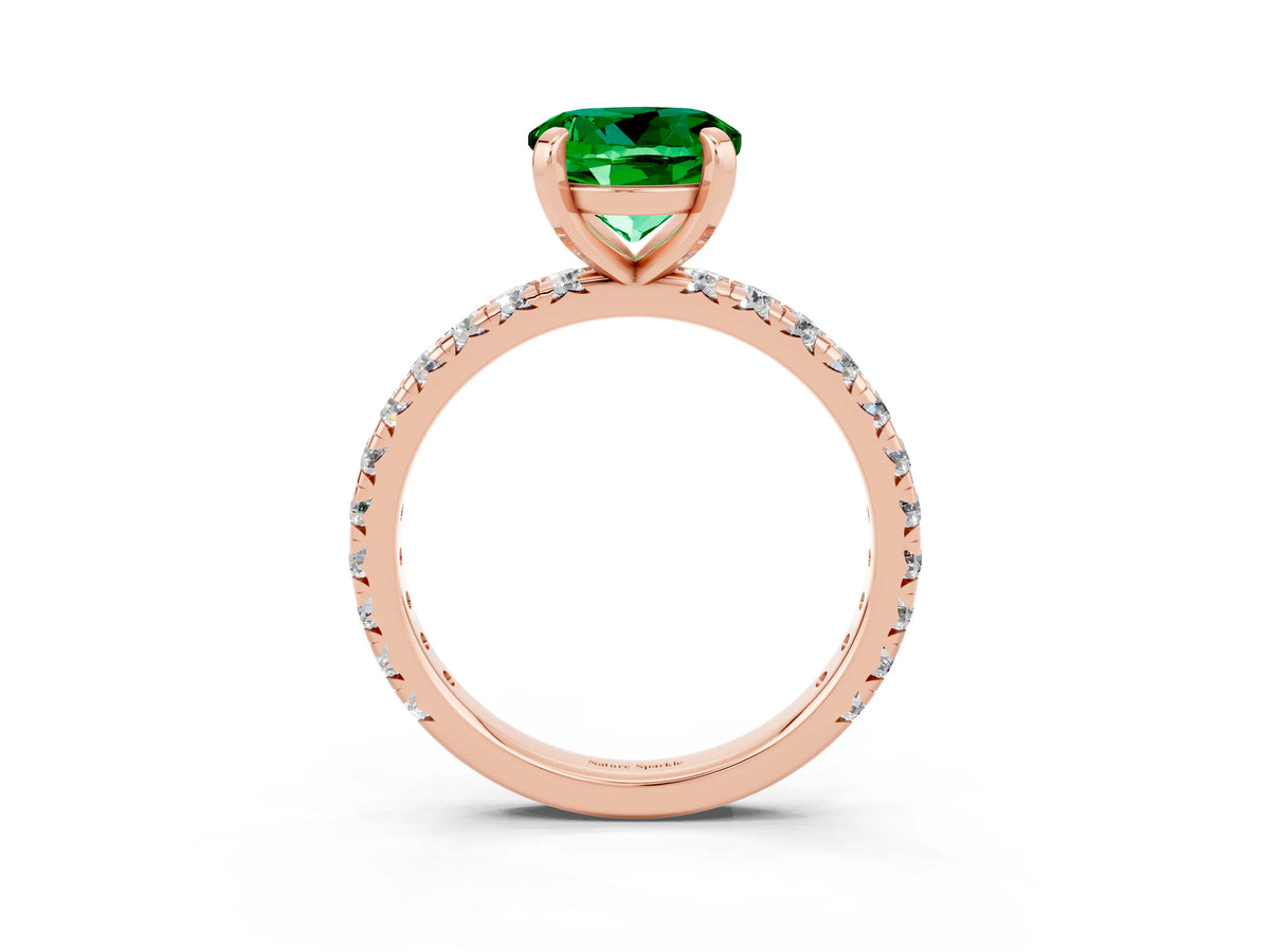 Round Cut Emerald Pavé Solitaire Ring in Rose gold with Round Pavé Band and Prong Setting_3