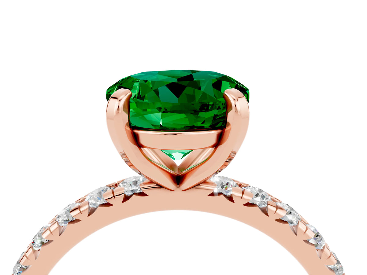Round Cut Emerald Pavé Solitaire Ring in Rose gold with Round Pavé Band and Prong Setting_4
