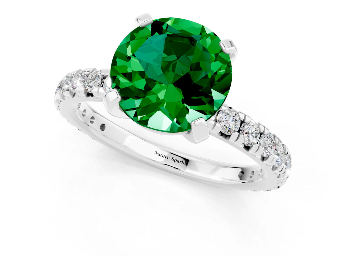 Round Cut Emerald Pavé Solitaire Ring in Silver with Round Pavé Band and Prong Setting_1