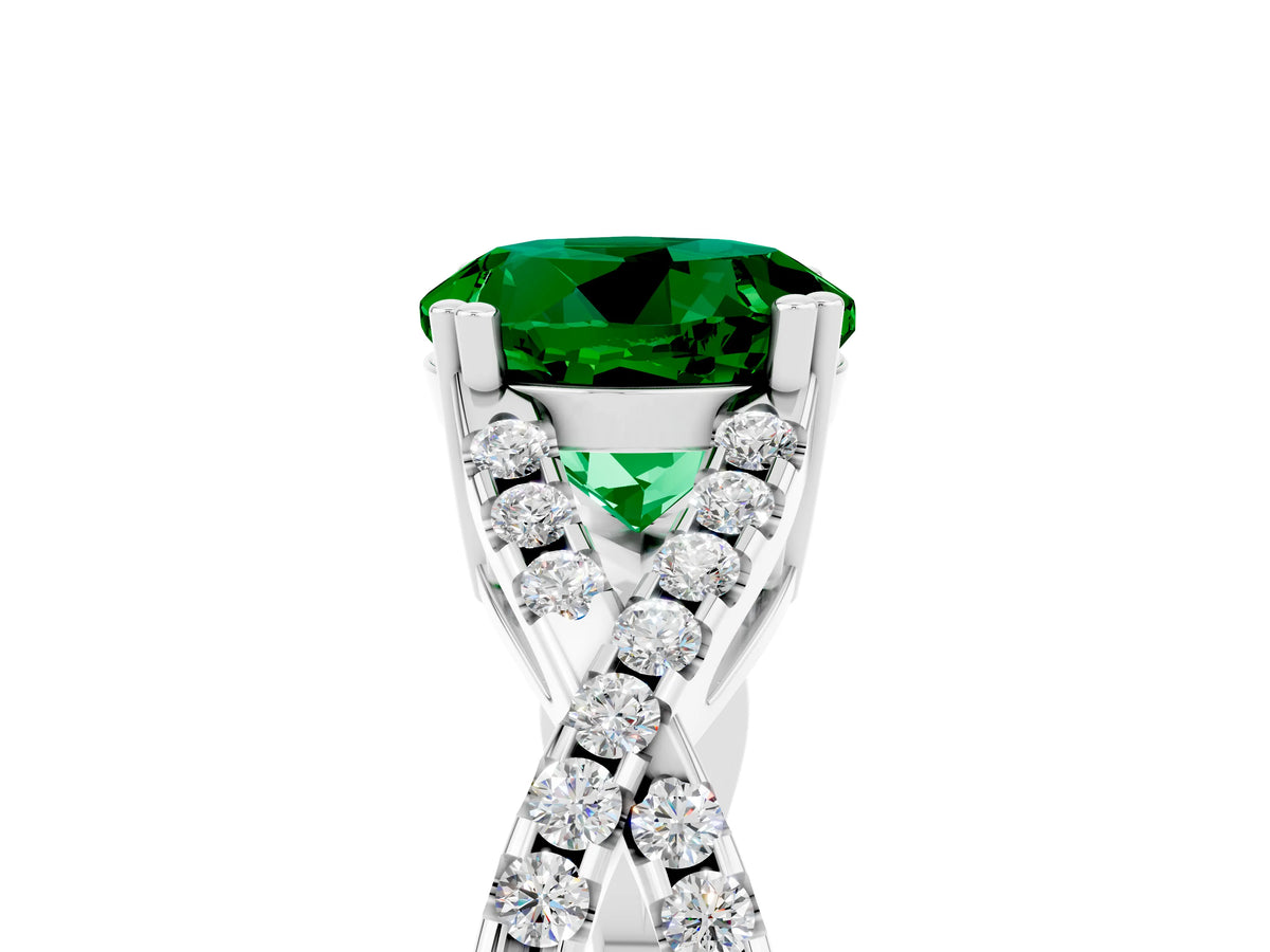 Round Cut Emerald Solitaire Ring in Platinum with Interwoven Pavé Band and Prong Setting_11