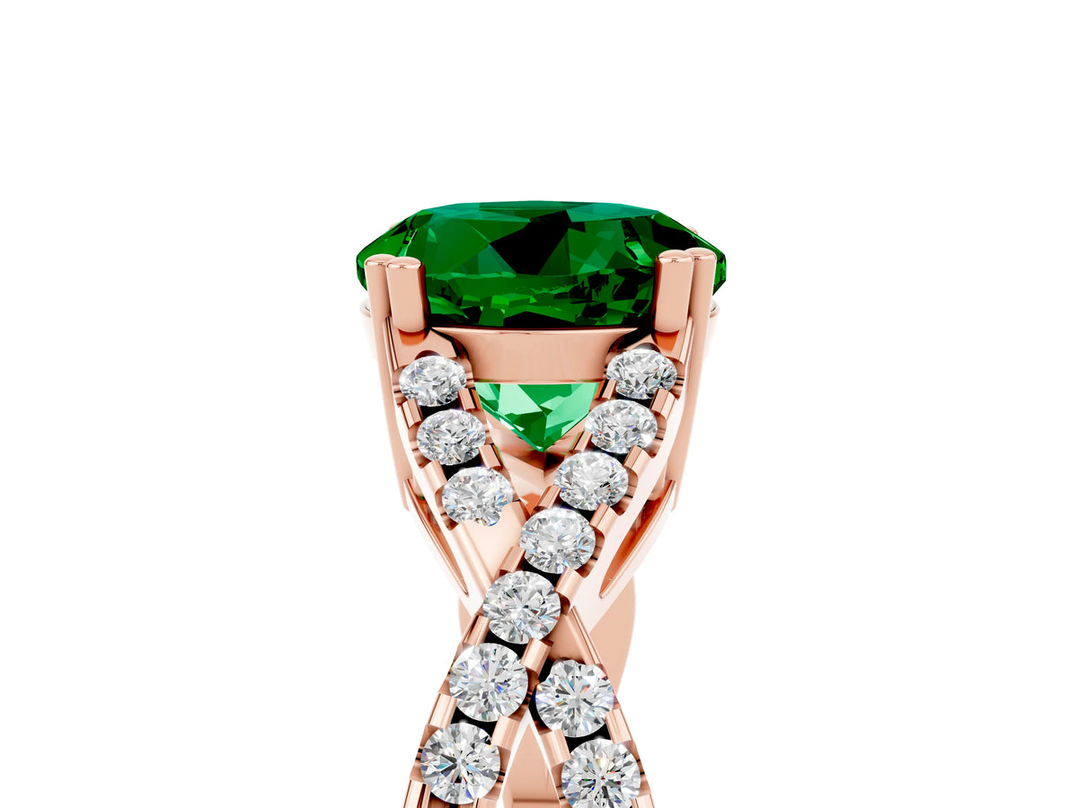 Round Cut Emerald Solitaire Ring in Rose gold with Interwoven Pavé Band and Prong Setting_5