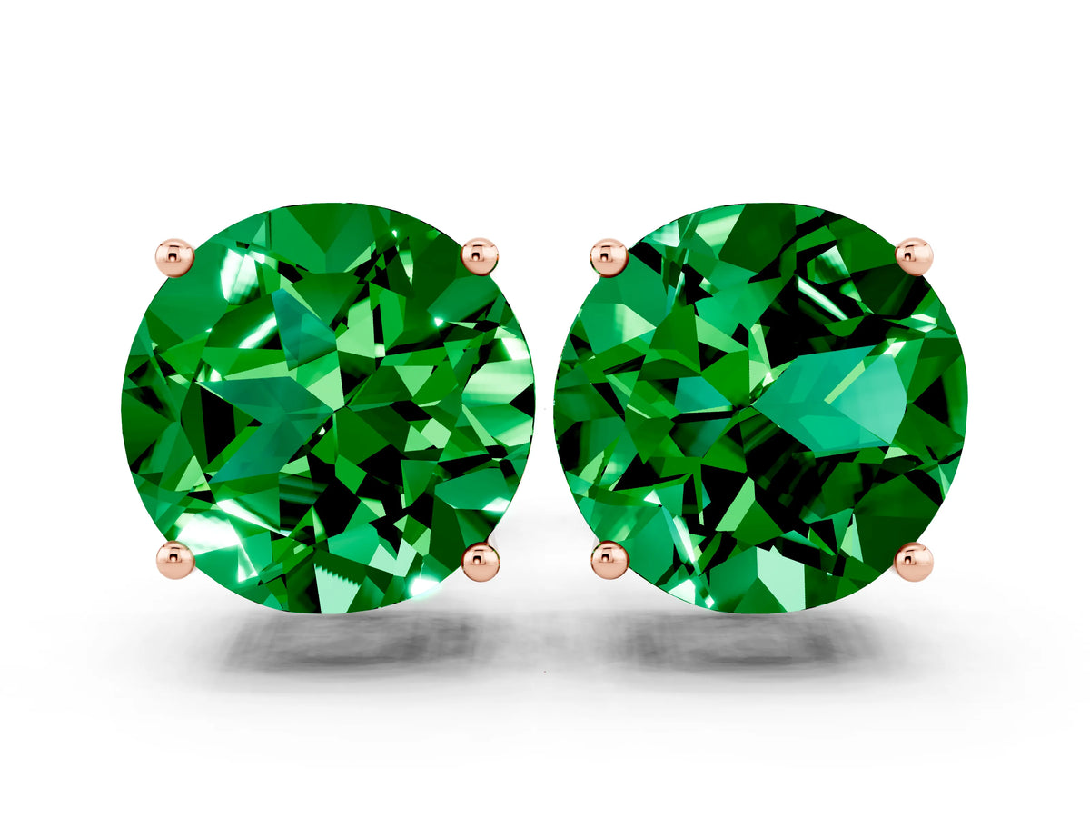 Round Cut Emerald Stud Earrings in Rose gold with Basket Setting