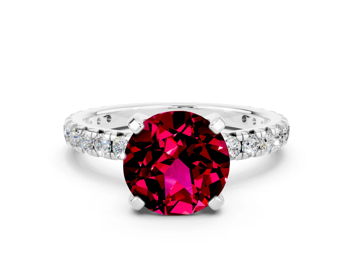 Round Cut Garnet Pavé Solitaire Ring in Silver with Round Pavé Band and Prong Setting