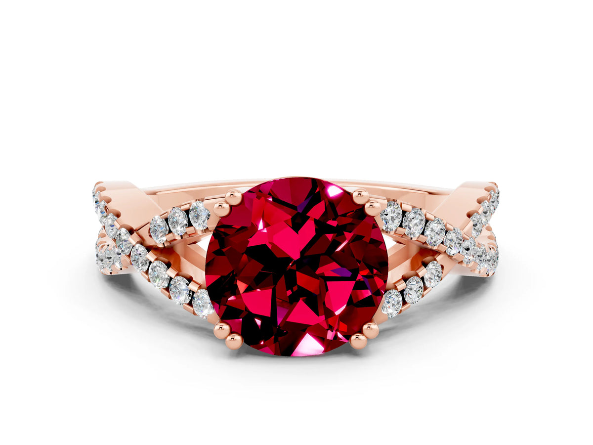 Round Cut Garnet Solitaire Ring in Rose gold with Interwoven Pavé Band and Prong Setting