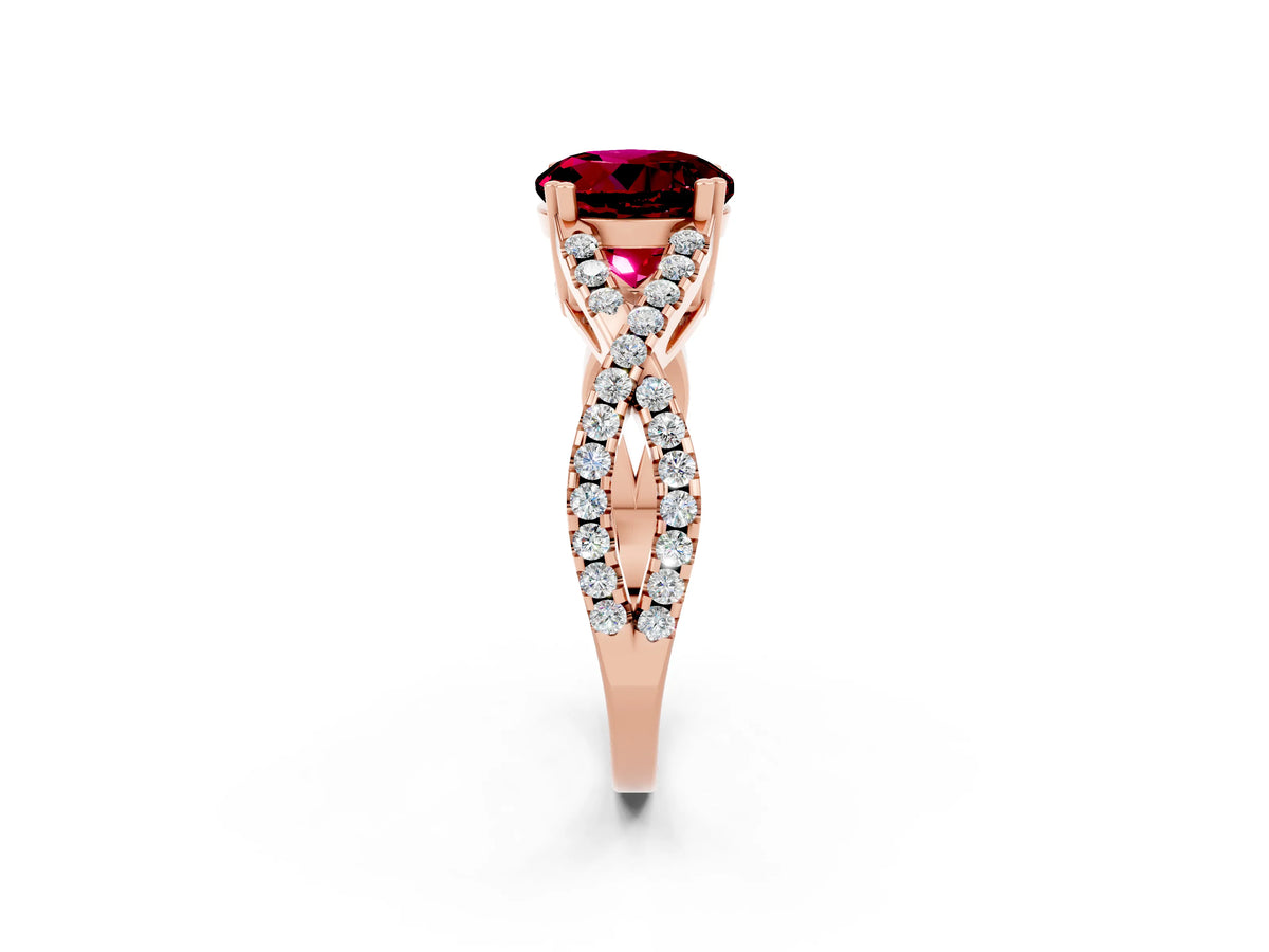 Round Cut Garnet Solitaire Ring in Rose gold with Interwoven Pavé Band and Prong Setting_2