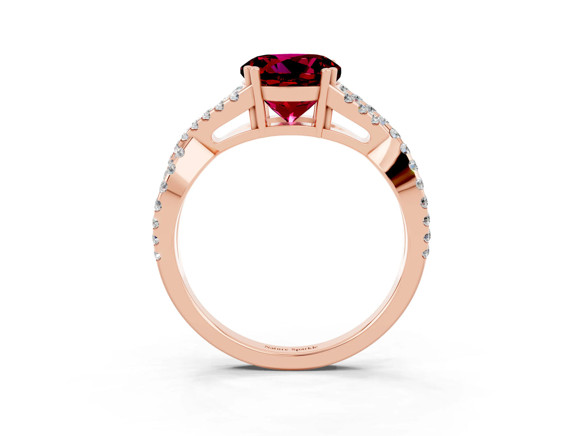 Round Cut Garnet Solitaire Ring in Rose gold with Interwoven Pavé Band and Prong Setting_3