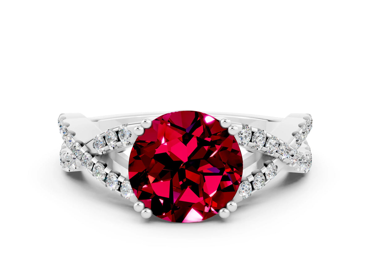 Round Cut Garnet Solitaire Ring in White gold with Interwoven Pavé Band and Prong Setting