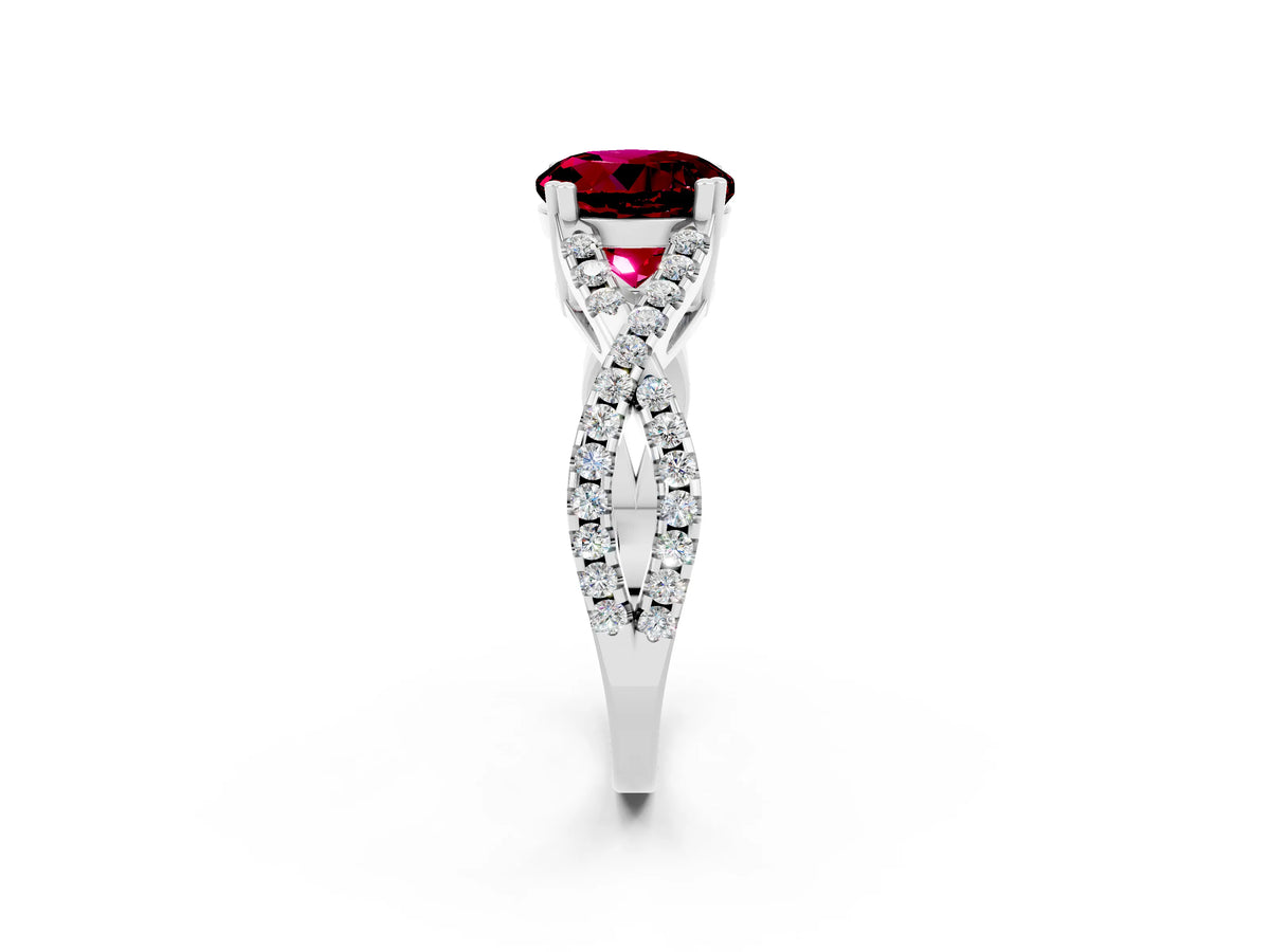 Round Cut Garnet Solitaire Ring in White gold with Interwoven Pavé Band and Prong Setting_2