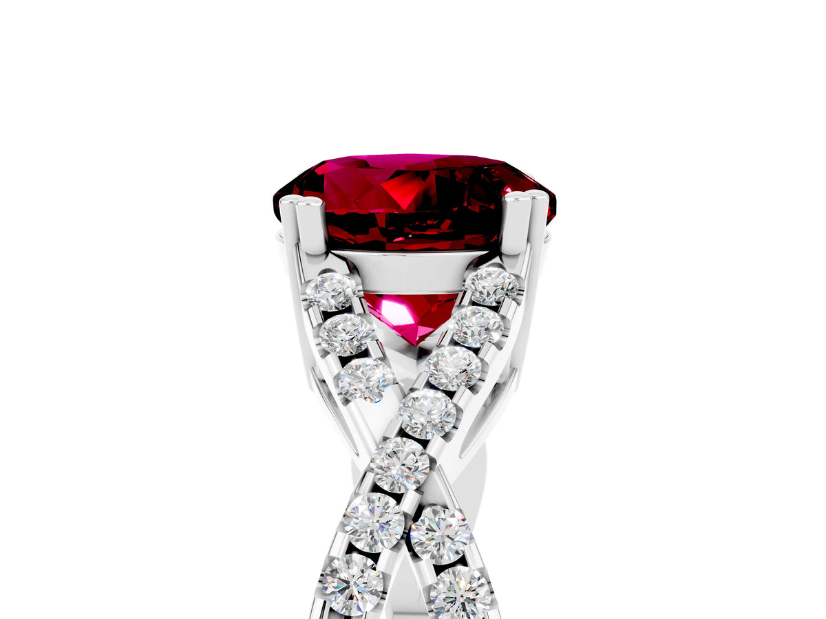 Round Cut Garnet Solitaire Ring in White gold with Interwoven Pavé Band and Prong Setting_5